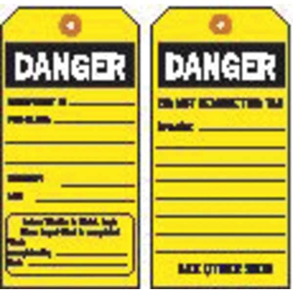 Brady Tag, Safety, Paper, 5 3/4 in H x 3 in W, Black on Yellow, Rectangle, 100 PK - 86664