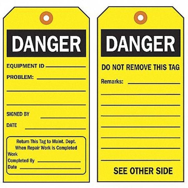 Brady Tag, Safety, Paper, 5 3/4 in H x 3 in W, Black on Yellow, Rectangle, 100 PK - 86664