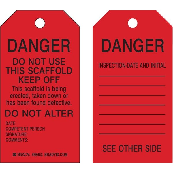 Brady Tag, Safety, Paper, 5 3/4 in H x 3 in W, Black on Red, Rectangle, 100 PK - 86683