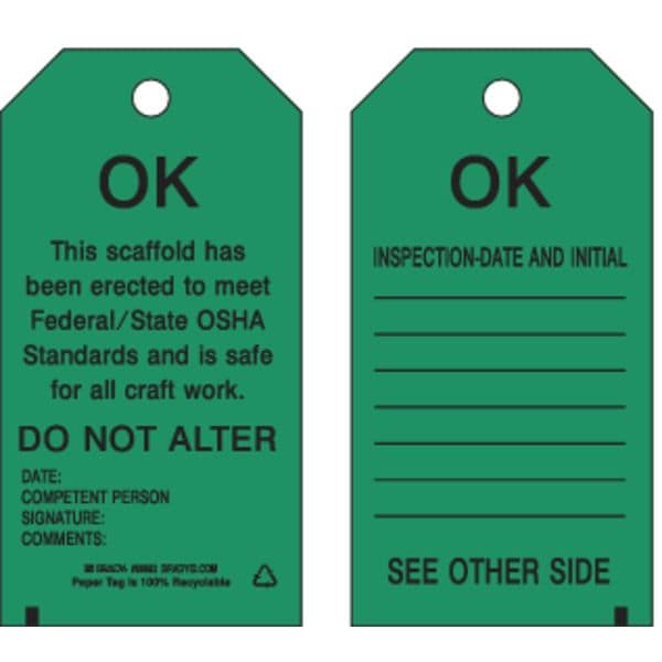 Brady Tag, Inspection, Heavy Duty Polyester, 5 3/4 in H x 3 in W, Black on Green, Rectangle, 10 PK - 86452