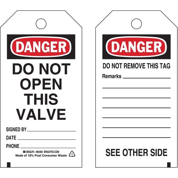 Brady Danger Tag, Lockout Tagout, Polyester, 5 3/4 in H x 3 in W, Black, Red, White, Rectangle, 10 PK - 86460
