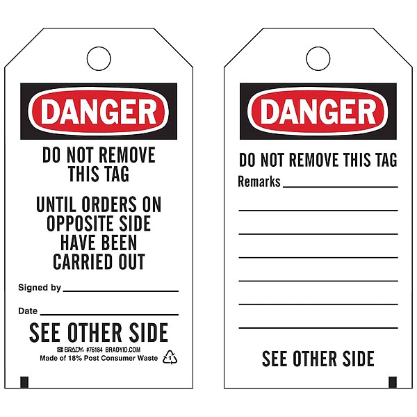Brady Tag, Hazardous Materials, Polyester, 5 3/4 in H x 3 in W, Black, Red, White, Rectangle, 25 PK - 76184