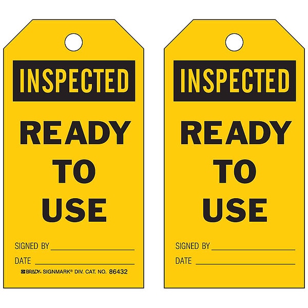 Brady Tag, Inspection, Heavy Duty Polyester, 5 3/4 in H x 3 in W, Black on Yellow, Rectangle, 10 PK - 86432