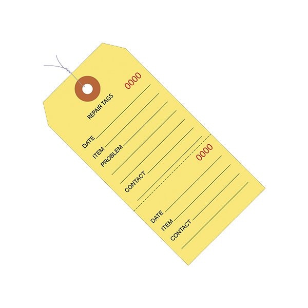 Bsc Preferred 4 3/4 x 2-3/8'' Yellow RePairs Tags Consecutively Numbered - Pre-Wired, 1000PK - BUY00015668