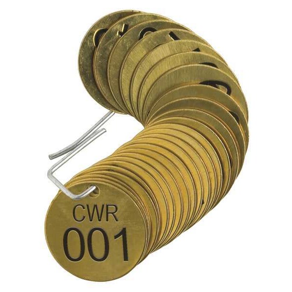 Brady Numbered Tag, Brass, 1 1/2 in H x 1 1/2 in W, 1 1/2 in Dia., Brass, Round, 25 PK - 87100