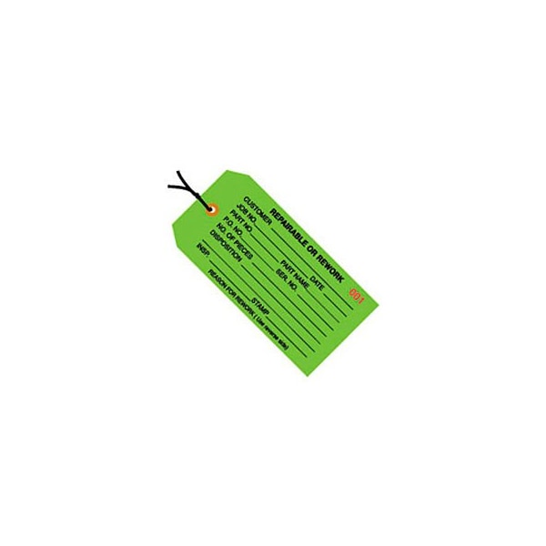 Box Packaging Inspection Tag "Repairable Or Rework", Pre Strung, #5, 4-3/4"L x 2-3/8"W, Green, 1000/Pack - G20042