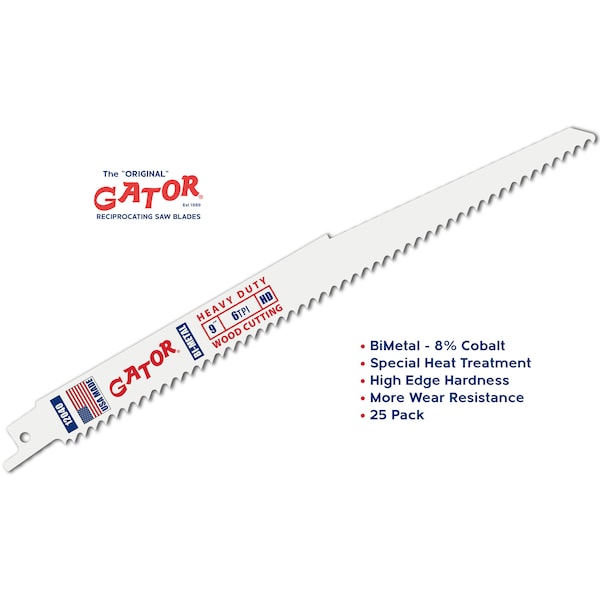 Gator Reciprocating Saw Blade 9 in. x 3/4 in. x 6tpi #12040-25, Heavy Duty Wood Cutting, 25PK - 12040-25