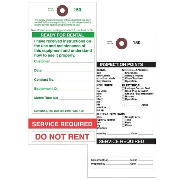 Centurion Rental Item Tag, READY-TO-RENT/SERVICE REQUIRED, 3-1/8 in W x 6-1/4 in H Dimensions - TAG150PT1