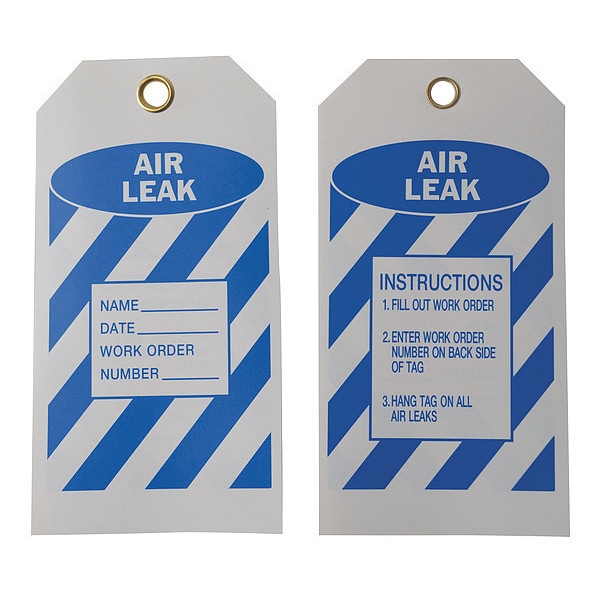 Zoro Select Tag, Air Leak, Polyester, 5 3/4 in H x 3 in W, Blue, White, Rectangle, 10 PK - 8CV32