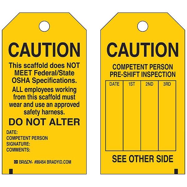 Brady Tag, Inspection, Polyester, 5 3/4 in H x 3 in W, Black on Yellow, Rectangle, 10 PK - 86574