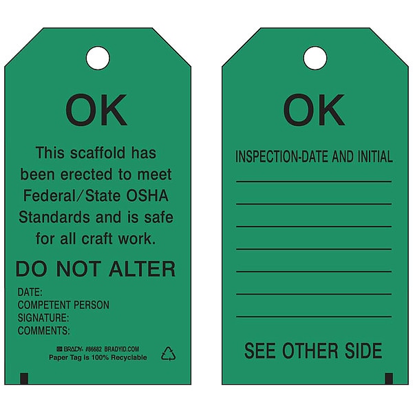 Brady Tag, Inspection, Polyester, 5 3/4 in H x 3 in W, Black on Green, Rectangle, 10 PK - 86572