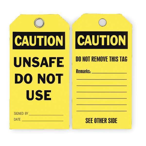 Zoro Select Caution Tag, Lockout Tagout, Polyester, 5 3/4 in H x 3 in W, Yellow, Rectangle, 25 PK - 2RMV9