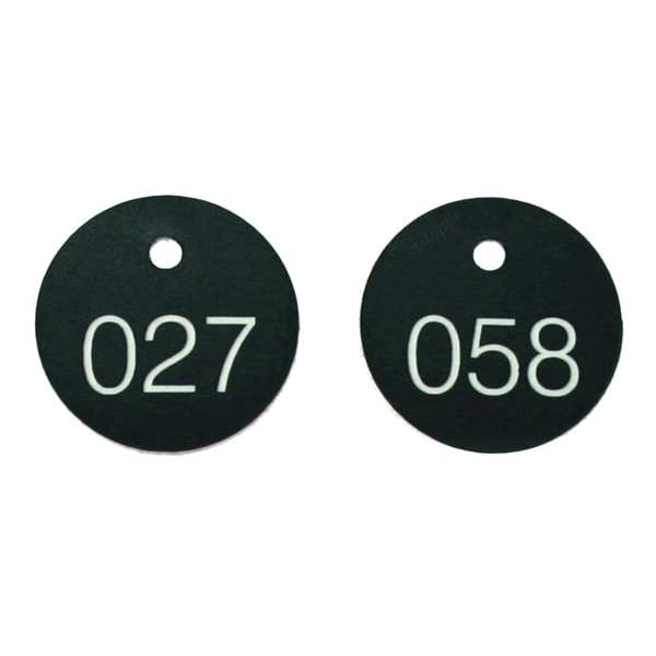 Accuform Engraved Numbered Tags, Plastic, 1 1/8 in H x 1 1/8 in W, 1 1/8 in Dia., Black/White, Round, 100 PK - TDG300BK