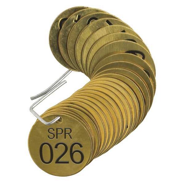 Brady Numbered Tag, Brass, 1 1/2 in H x 1 1/2 in W, 1 1/2 in Dia., Brass, Round, 25 PK - 87161