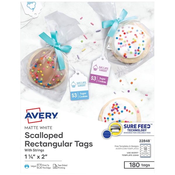Avery Printable Tags with Strings, Paper, Card Stock, 1-1/4 in W, White, Rectangle, 180 PK - 22848