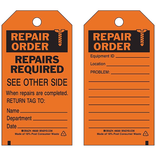 Brady Repair Order, Repairs Required When Repairs Are Completed. Return Tag To Name___ Dept___ Date___ - 86569
