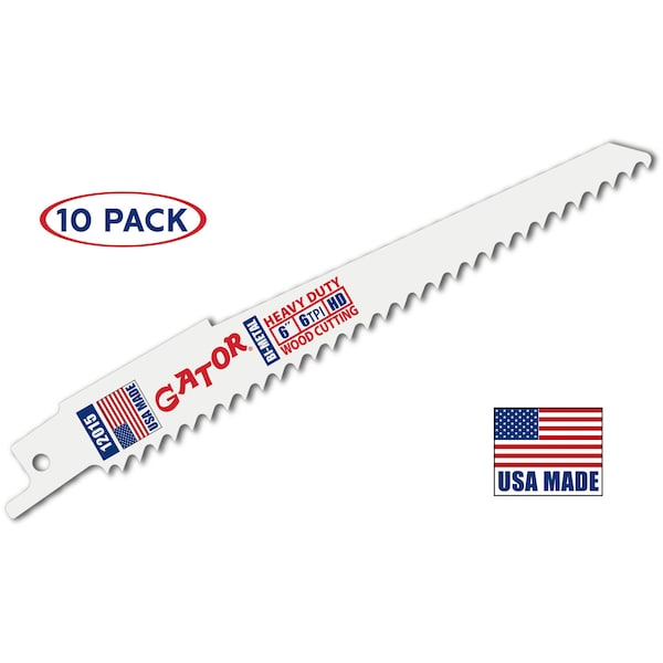 Gator Reciprocating Saw Blade 6 in. x 3/4 in. x 6tpi #12015-10, Heavy Duty Wood Cutting, 10PK - 12015-10
