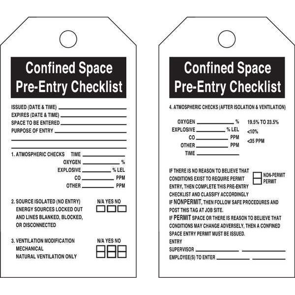 Brady Safety Tag, Confined Space, Cardstock, 5 3/4 in H x 3 in W, Black, White, Rectangle, 25 PK - 65457