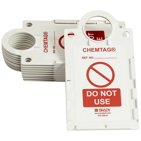 Brady Tag, Caution, Plastic, 11 1/4 in H x 6 in W, Red, White, Rectangle, 10 PK - CHEM-CTHUSA01