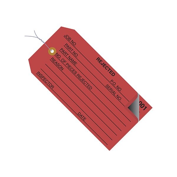 Bsc Preferred 4 3/4 x 2-3/8'' - ''Rejected'' Inspection Tags 2 Part - Numbered 000 - 499 - Pre-Wired, 500PK - BUY00030769