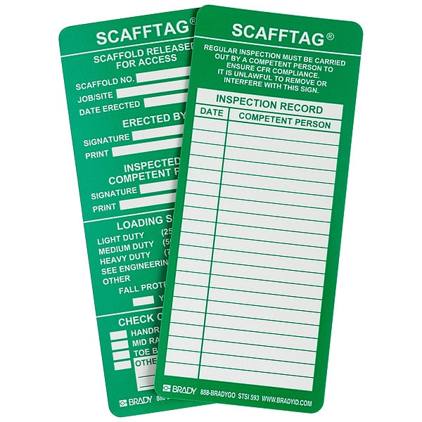 Brady Tag, Maintenance, Polyester, 7 5/8 in H x 3 1/8 in W, Green on White, Rectangle, 100 PK - SCAF-STSI593