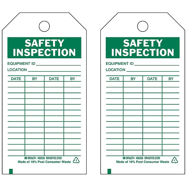 Brady Tag, Inspection, Polyester, 5 3/4 in H x 3 in W, Green on White, Rectangle, 10 PK - 86556