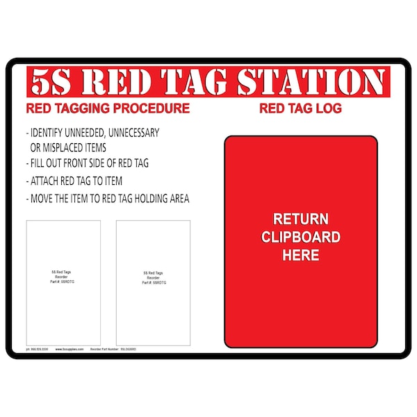 5S Supplies 5s Red Tag Board with Clipboard 100 Red Tags Included Red Tag Station - 5SLOGBRD