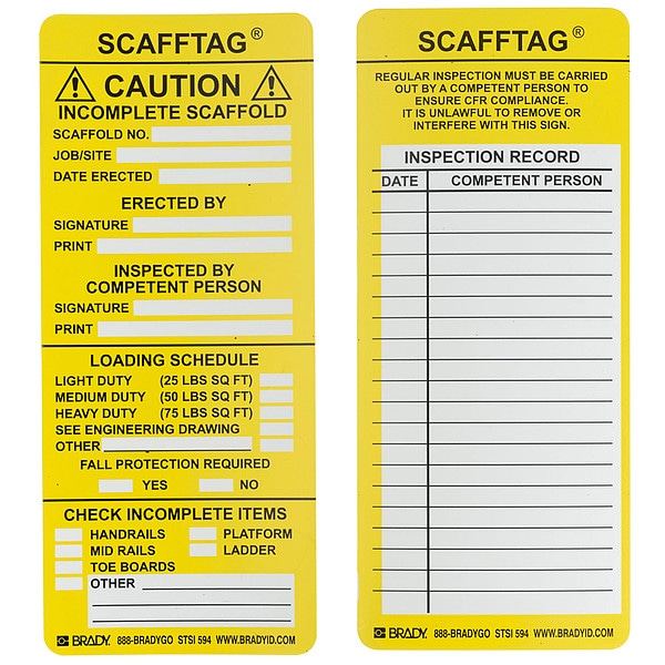 Brady Tag, Maintenance, Polyester, 7 5/8 in H x 3 1/8 in W, Black, Yellow on White, Rectangle, 100 PK - SCAF-STSI594