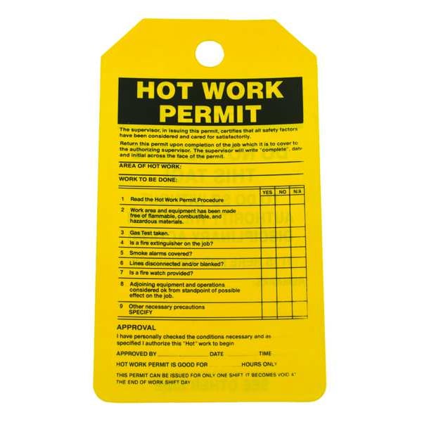 Zoro Select Permit Tag, Hot Work Permit, Cardstock, 5 3/4 in H x 3 1/4 in W, Yellow, Rectangle, 25 PK - 43Z320