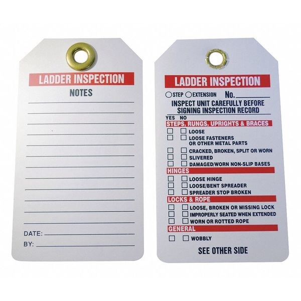 Zoro Select Tag, Ladder Inspection, Plastic, 5 3/4 in H x 3 1/4 in W, White, Rectangle, 25 PK - 43Z340