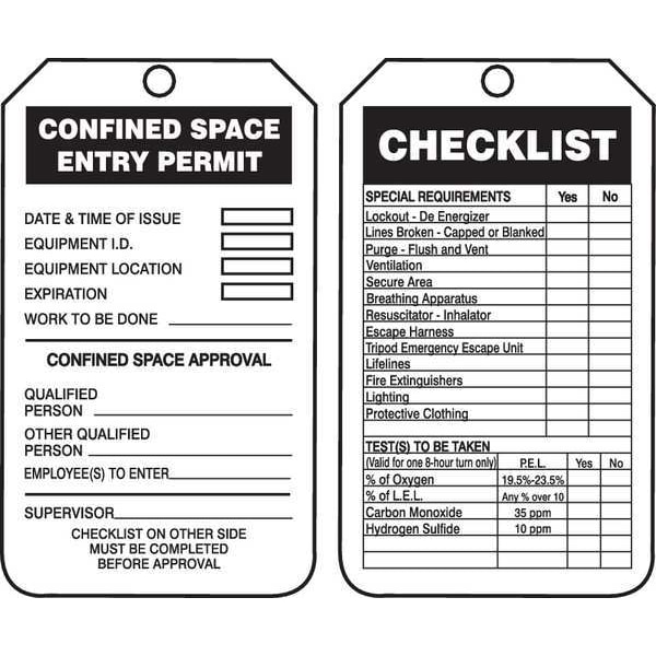 Accuform Permit Tag, Confined Space, Plastic, 5 3/4 in H x 3 1/4 in W, White, Rectangle, 25 PK - TCS319PTP