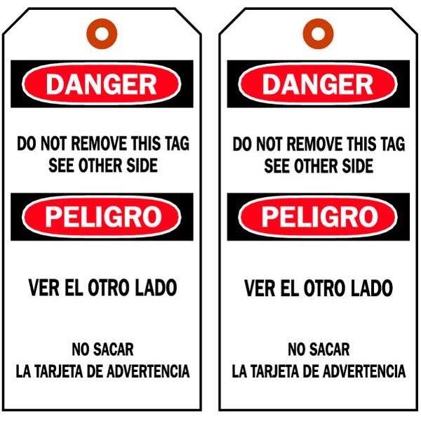 Brady Danger Bilingual Tag, Lockout Tagout, Cardstock, 7 in H x 4 in W, Black, Red, White, Rectangle - 86691