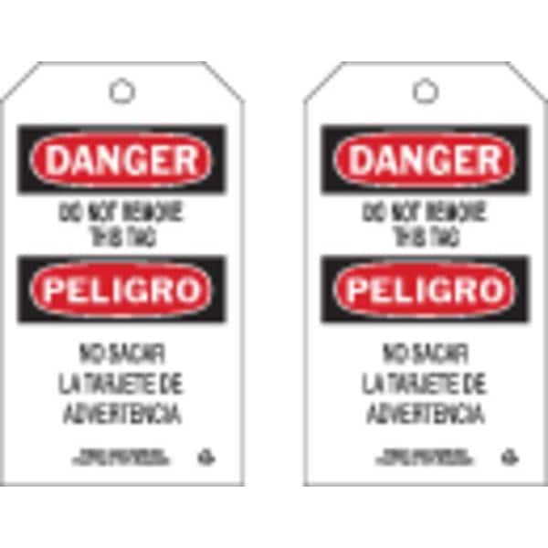 Brady Danger Bilingual Tag, Lockout Tagout, Cardstock, 7 in H x 4 in W, Black, Red, White, Rectangle - 86691