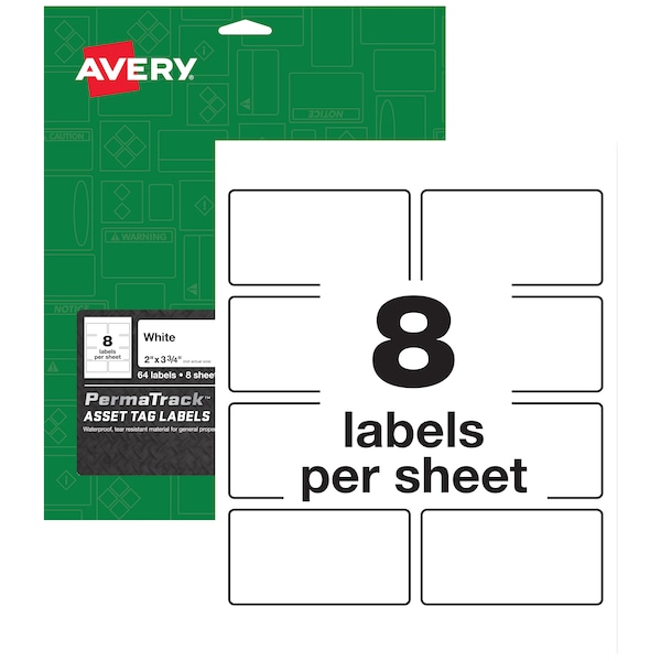 Avery Durable White Asset Tag Labels, Las, PK64, Film, 2 in W, White, Rectangle, 64 PK - 61530