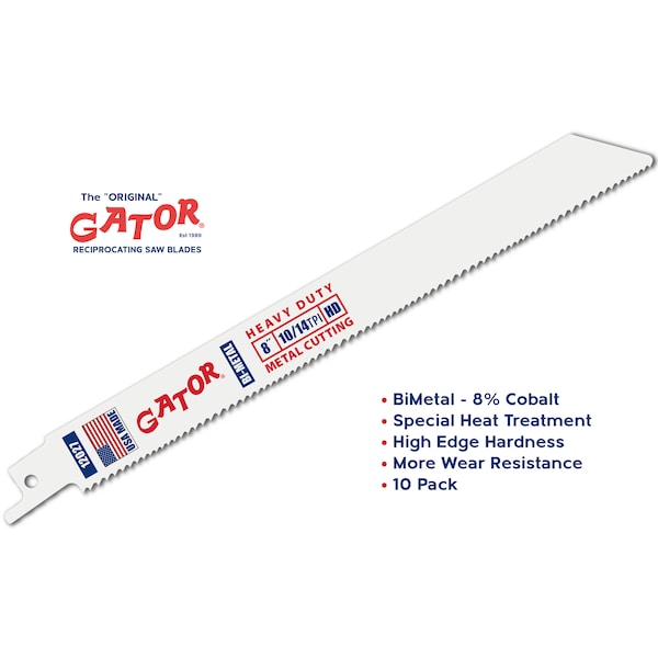 Gator Reciprocating Saw Blade 8 in. x 3/4 in. x 10/14pi #12027-10, Heavy Duty Metal/Wood Cutting, 10PK - 12027-10