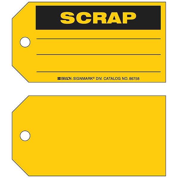 Brady Tag, Maintenance, Paper, 3 in H x 5 3/4 in W, Yellow, Rectangle, 100 PK - 86758
