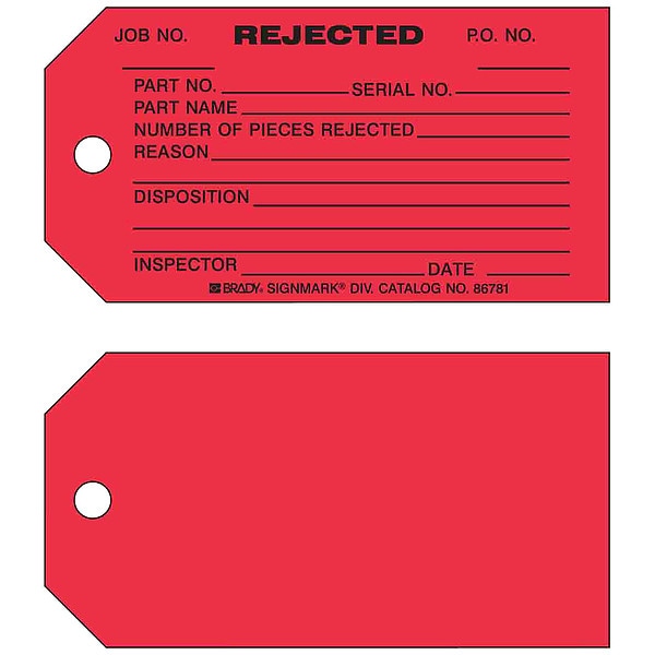 Brady Tag, Inspection, Paper, 5 3/4 in H x 3 in W, Black on Red, Rectangle, 100 PK - 86781