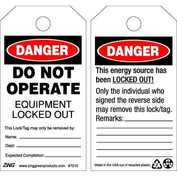 Zing Danger Tag, Plastic, 5 3/4 in H x 3 in W, Black/White, Rectangle, 10 PK - 7010
