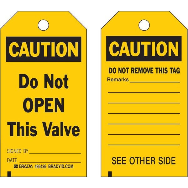 Brady Caution Tag, Lockout Tagout, Polyester, 5 3/4 in H x 3 in W, Black, Yellow, Rectangle, 10 PK - 86545