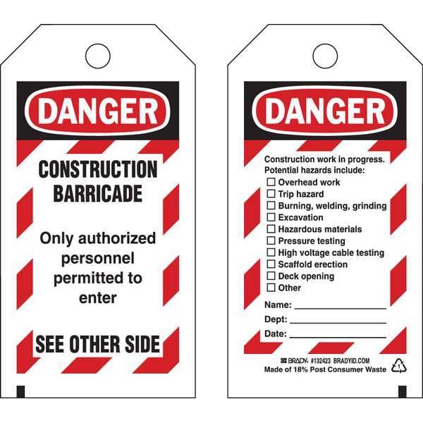 Brady Caution Tag, Construction, Polyester, 5 3/4 in H x 3 in W, Black, Red, White, Rectangle, 25 PK - 132423