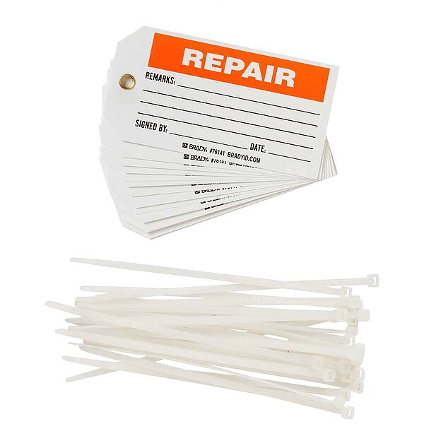Brady Tag, Repair, Polyester, 3 in H x 5 3/4 in W, Black, Orange on White, Rectangle, 25 PK - 76141