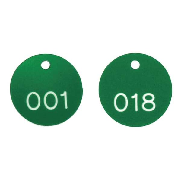 Accuform Engraved Numbered Tags, Plastic, 1 1/8 in H x 1 1/8 in W, 1 1/8 in Dia., Green/White, Round, 100 PK - TDG301GN