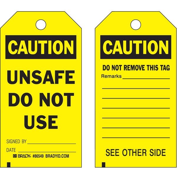 Brady Caution, Unsafe Do Not Use, 3 in W x 5 3/4 in H, Rectangle, 10 PK - 86549
