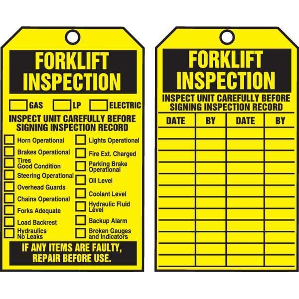 Accuform Tag, Forklift, Cardstock, 6 1/4 in H x 3 in W, Yellow, Rectangle, 250 PK - TAR722
