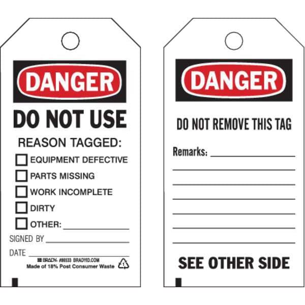 Brady Danger Tag, Lockout Tagout, Polyester, 5 3/4 in H x 3 in W, Black, Red, White, Rectangle, 10 PK - 86533