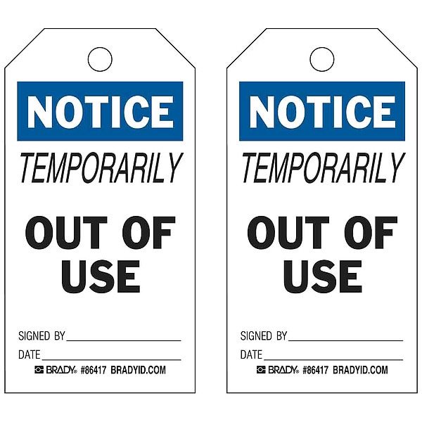Brady Tag, Safety, Polyester, 5 3/4 in H x 3 in W, Black, Blue on White, Rectangle, 10 PK - 86478