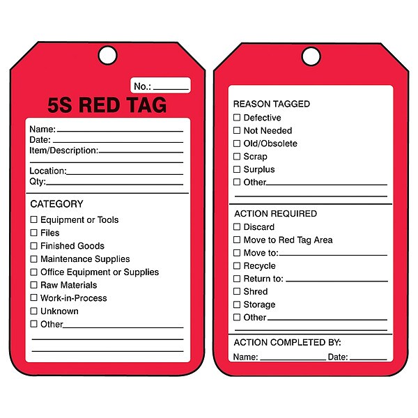 Accuform Tag, 5S Red Tag, Cardstock, 5 3/4 in H x 3 1/4 in W, Red, Rectangle, 25 PK - MMT105CTP