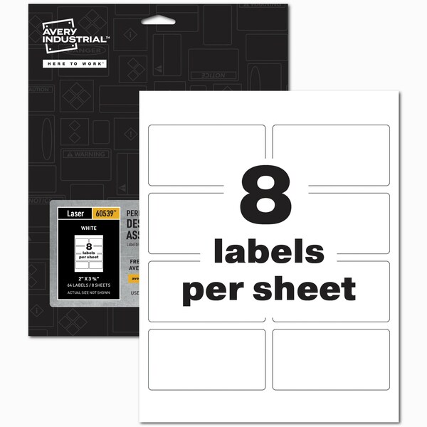 Avery Destructible Asset Tag Labels, 3-3/, PK64, Film, 2 in W, White, Rectangle, 64 PK - 60539
