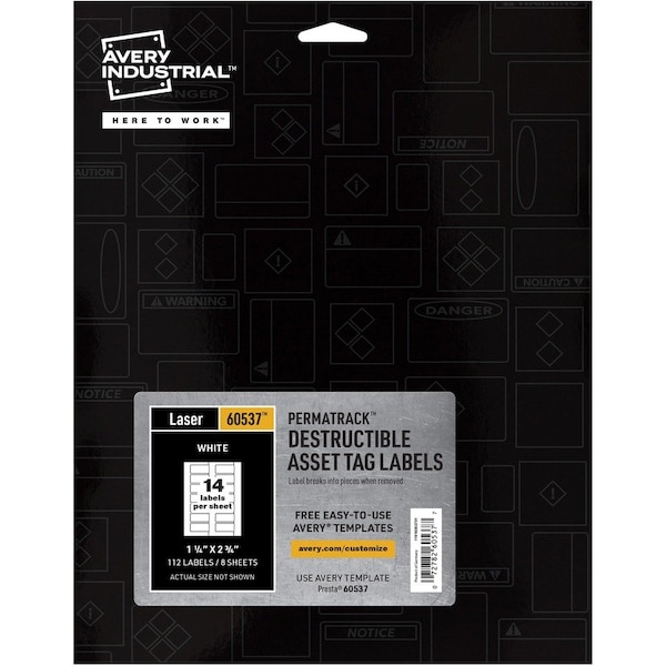 Avery PermaTrack Destructible Asset Tag Labels, 2.75" W, White, Rectangle, 5 PK - AVE60537