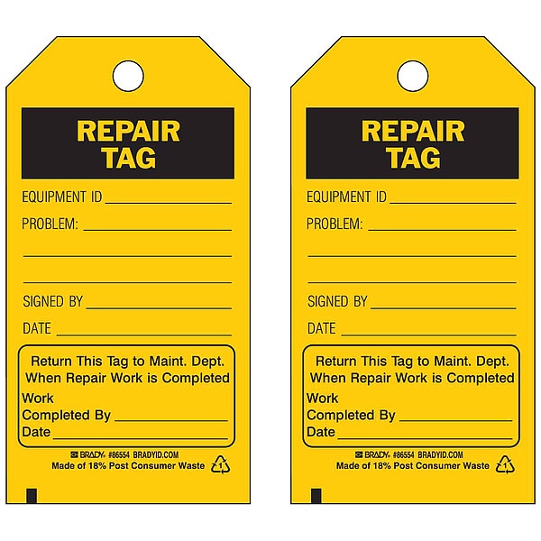 Brady Tag, Safety, Polyester, 5 3/4 in H x 3 in W, Black on Yellow, Rectangle, 10 PK - 86434